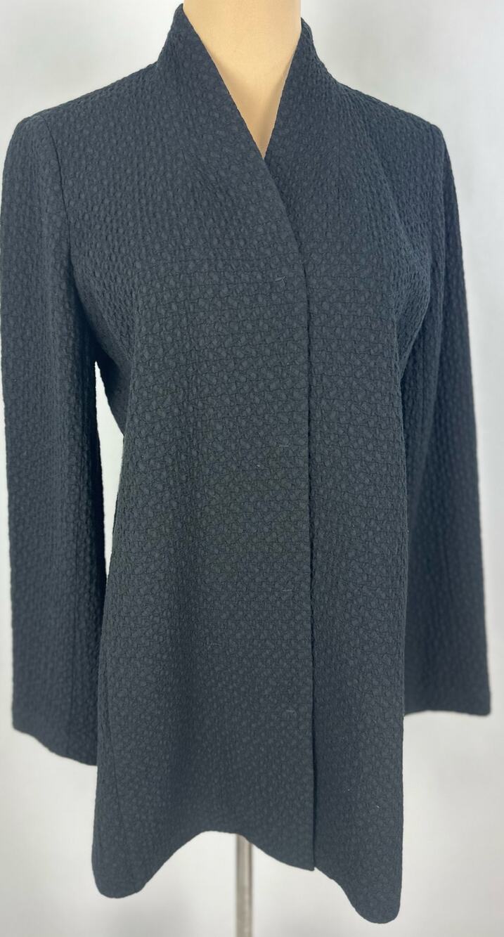 Eileen Fisher Organic Cotton Woven Black Collarless Car Coat Snap Cupro - Small